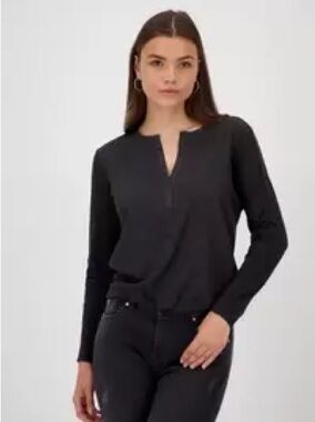 Monari Black Long-Sleeve Split-Neck Blouse